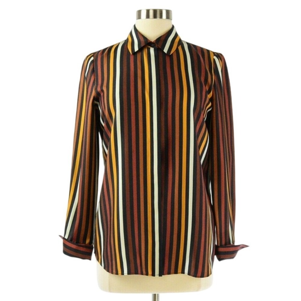 Lafayette 148 Striped Silk Blouse Womens S Sienna Cream Yellow Hidden Placard